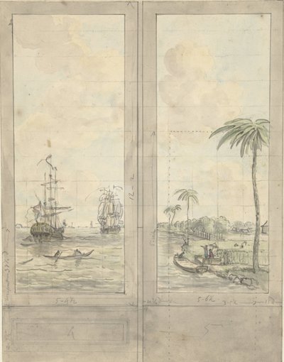 Conception pour deux panneaux de papier peint : rivière avec bateaux dans les colonies - Jurriaan Andriessen