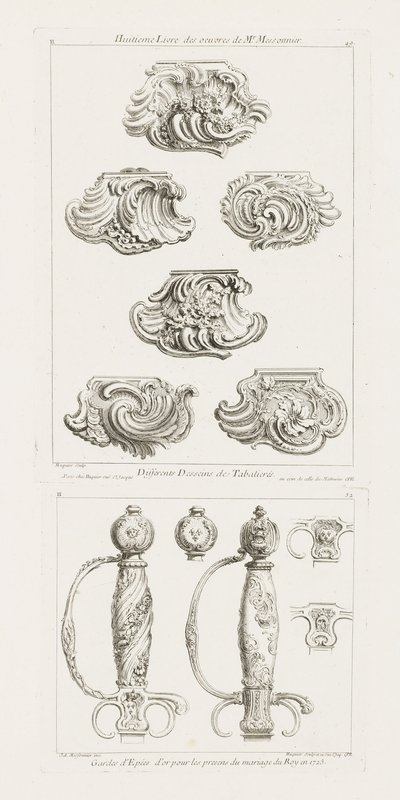 Différents desseins de tabatières, première planche, p. 49 dans Oeuvre - Juste Aurèle Meissonnier