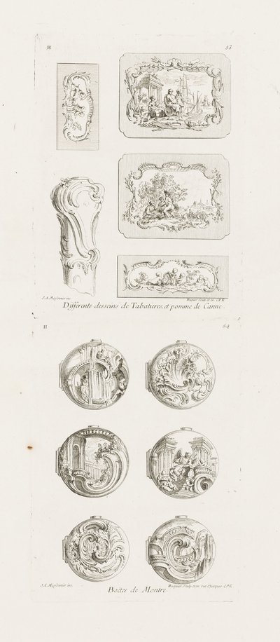 Différents desseins de tabatières et pomme de canne, cinquième planche, pl. 53 dans Oeuvre de Juste-Aurèle Meissonnier - Juste Aurèle Meissonnier