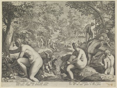 Badende vrouwen en mannen Amore Letheo (Verschillende aspecten van de liefde) - Justus Sadeler (attributed to)