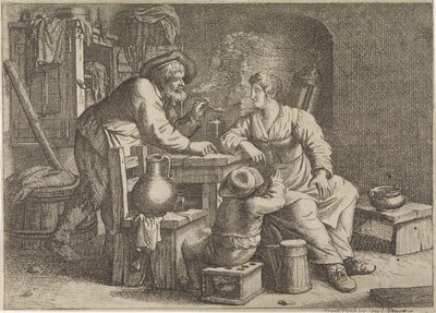 Intérieur avec un paysan fumant, une femme et un garçon - Justus van den Nijpoort