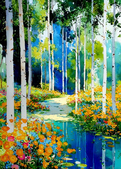 Sentier dans une forêt de bouleaux en fleurs - Justyna Jaszke