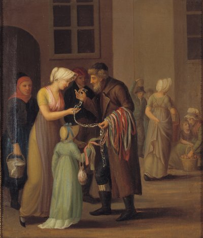 Scène de rue à Copenhague vers 1800. Le vendeur de rubans vend une dentelle à une jeune fille - KMS 3007 Ubekendt