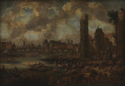 Vue de Paris sur la Seine avec de nombreux personnages - KMS 761 Ubekendt