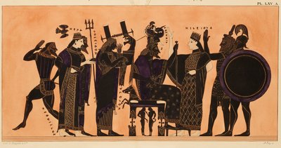 Décoration sur une amphore grecque, montrant Héphaïstos, Héra, Poséidon, Apollon, Zeus, Athéna, Éileithyia, Héraclès et Arès - Kaeppelin et Compagnie