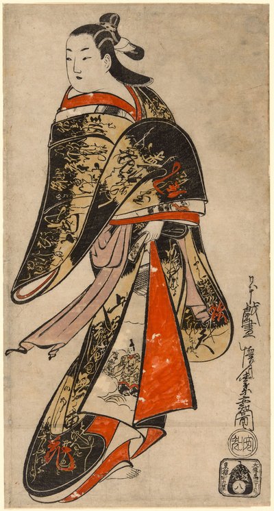 Courtisane marchant, vers 1714 (gravure sur bois colorée à la main ; tan-e, o-oban vertical) - Kaigetsudo Anchi
