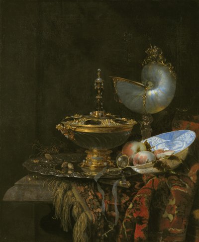 Nature morte avec bol Holbein, coupe Nautilus, gobelet en verre et plat de fruits - Kalf