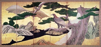 Les faucons dans les pins, paravent à 6 panneaux (encre et couleur, or sur panneau) - Kano Eitoku