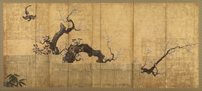 Prunier en fleurs et camélia dans un paysage de jardin, période Edo, fin 16e-début 17e siècle - Kano Koi