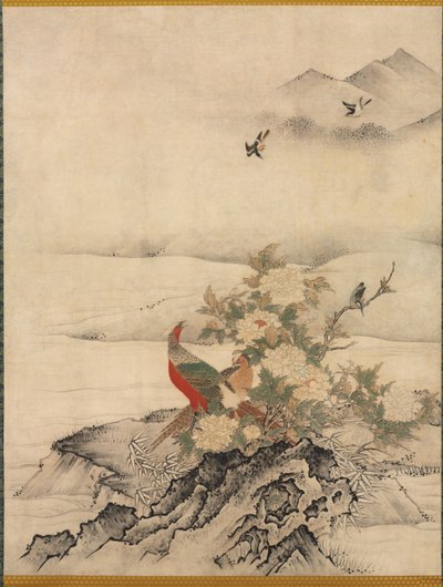 Fleurs et oiseaux dans un paysage printanier, 1500s - Kano Motonobu