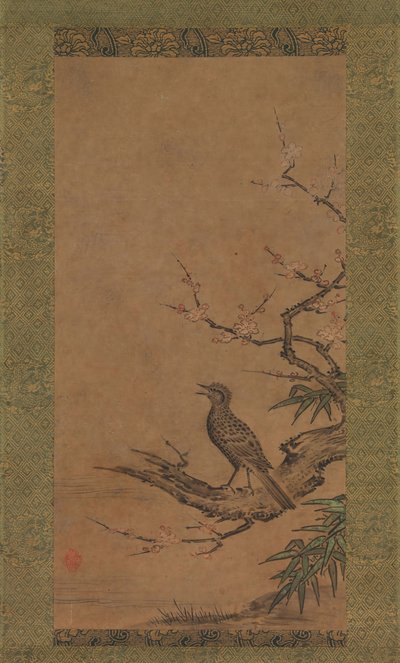 Bulbul à oreilles brunes Hiyodori sur une branche de prunier, milieu à fin du XVIe siècle - Kano Shoei