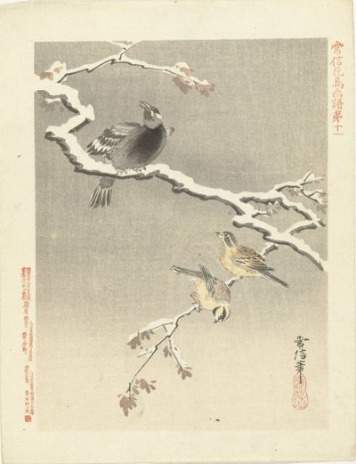 Trois oiseaux sur une branche enneigée - Kano Tsunenobu