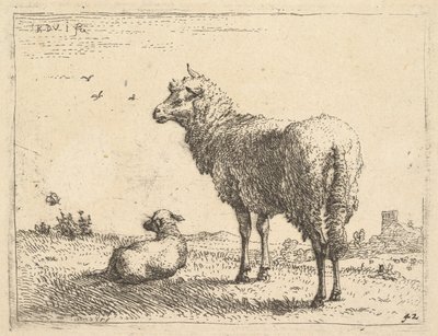 Un mouton mature en vue de trois quarts debout et regardant à gauche, à côté un agneau couché - Karel Du Jardin