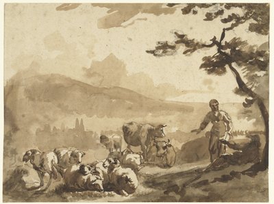 Paysage de montagne avec des bergers et leurs troupeaux de moutons et de vaches - Karel Du Jardin