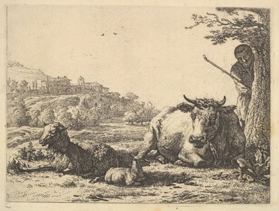 Vache, mouton adulte et jeunes moutons couchés dans l