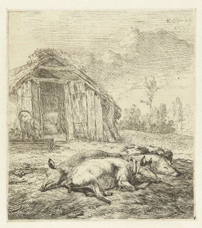 Trois cochons devant une cabane (Animaux) - Karel Du Jardin