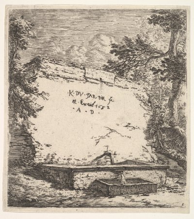 Frontispice avec fontaine à étages, un mur de pierre avec un bec verseur d