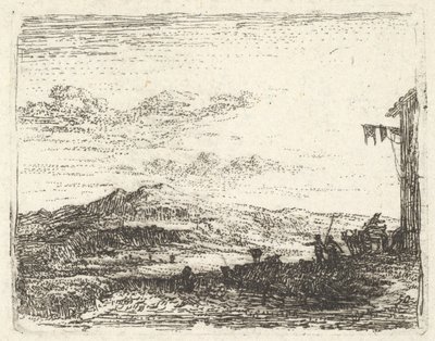 Paysage avec coin de bâtiment et auvent à l