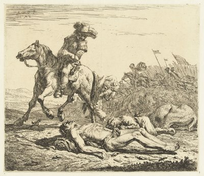 Champ de bataille avec soldat à cheval et deux morts - Karel Du Jardin