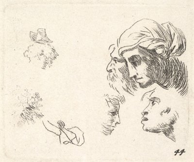 Étude de têtes en vue de profil, une femme avec un foulard et un homme barbu, vers 1641-78 - Karel Du Jardin