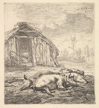 Trois cochons couchés sur le côté, une porcherie et une auge au-delà, 1652 - Karel Du Jardin
