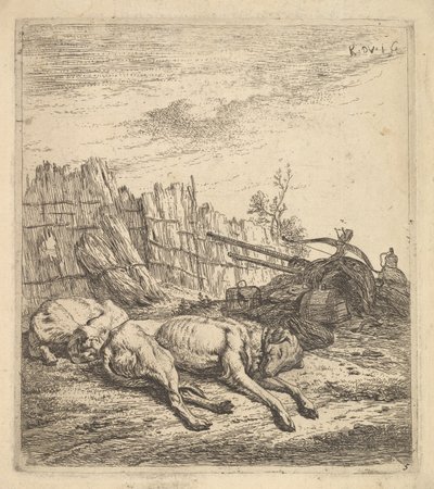 Deux chiens dormant sur le sol, une charrue, des équipements agricoles, des bottes de paille, et un..., vers 1641-78 - Karel Du Jardin
