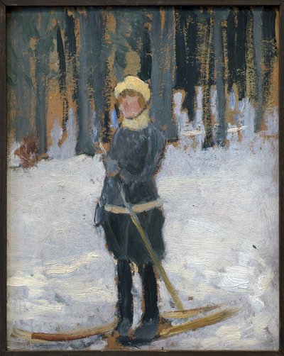 Femme skiant dans la forêt. Œuvre de Karel Spillar (1871-1939), huile sur carton - Karel Spillar
