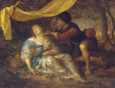 Un berger agenouillé sur une dame dormant sous un dais dans un paysage boisé - Karel de Moor