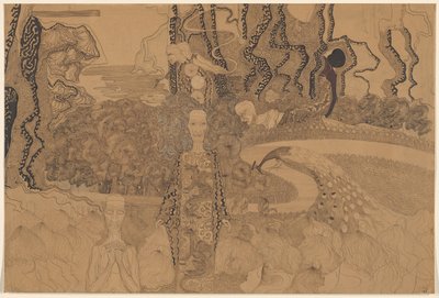 Représentation allégorique avec des figures et un paon dans un jardin - Karel de Nerée tot Babberich (signed by artist)