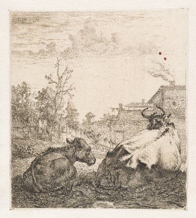 Vache couchée avec veau (Animaux) - Karel du Jardin (signed by artist)