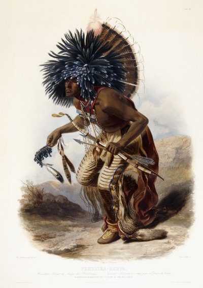 Pehriska-Rupha : Guerrier Moennitarri en costume de la danse du chien - Karl (after) Bodmer