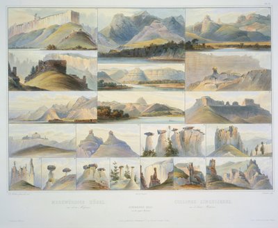 Collines remarquables sur le Haut Missouri, gravé par F. Salathe, publié en 1839 - Karl Bodmer
