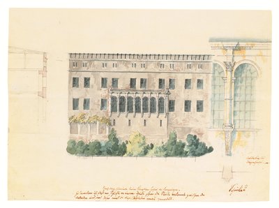 Un design pour un nouvel escalier pour la façade nord du Schloss à Stettin, avec une étude subsidiaire de la loggia, une coupe transversale de la façade et un pilastre engagé - Karl Friedrich Schinkel