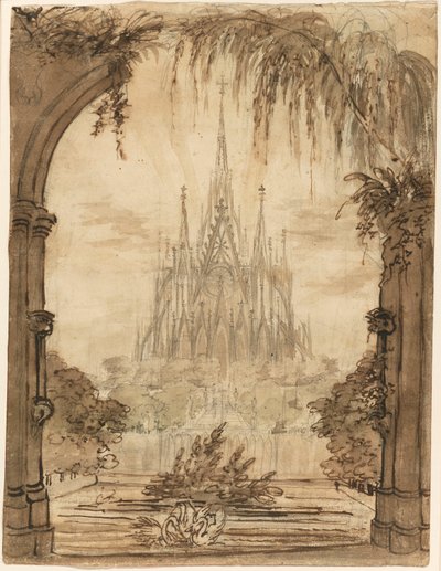 Cathédrale gothique derrière un étang avec des cygnes - Karl Friedrich Schinkel
