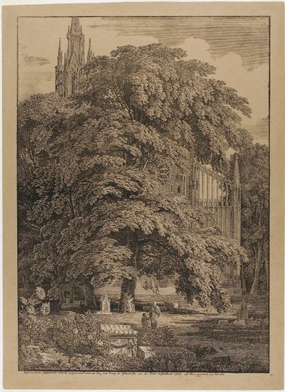 Église gothique derrière un bosquet de chênes avec des tombes - Karl Friedrich Schinkel