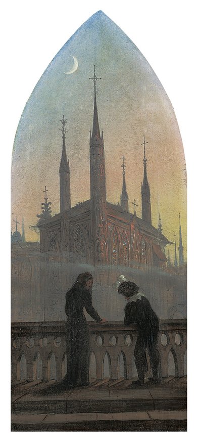 Personnes en costume allemand ancien contemplant une ville médiévale - Karl Gustav Carus
