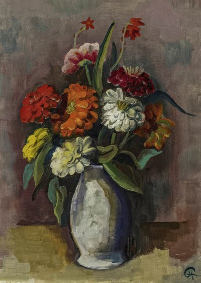 Nature morte avec bouquet de zinnias dans un vase - Karl Hofer