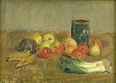 Nature morte. Pommes, poireaux, bananes et pot vert - Karl Isakson