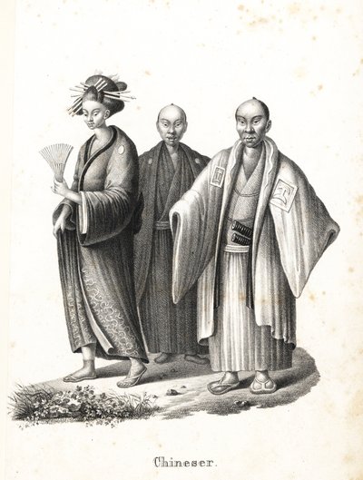 Oiran et samouraï japonais. Courtisane japonaise en kimono avec éventail et ornements capillaires, et deux samouraïs japonais avec coiffure chonmage portant montsuki sur hakama avec deux épées (katana) dans leurs ceintures. (Intitulé Chinois par erreur.) L - Karl Joseph Brodtmann