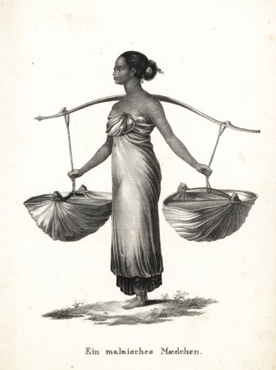 Fille malaise avec cheveux attachés portant des baskets sur un joug. Lithographie de Karl Joseph Brodtmann de l