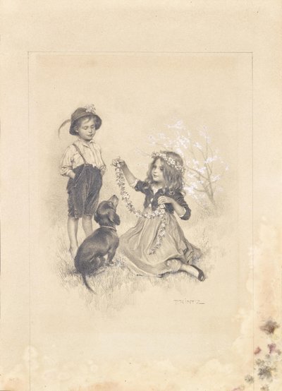 Deux enfants jouant dans une prairie avec des fleurs et un teckel - Karl Ludwig Prinz
