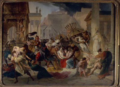 Sac de Rome en 455 : Genseric (ou Geiseric) (vers 399-477) et les Vandales envahissent Rome. Ils pillent la ville et emportent la Menorah. Peinture de Karl Pavlovich Briullov (Brioullov) (1799-1852) - Karl Pavlovich Bryullov