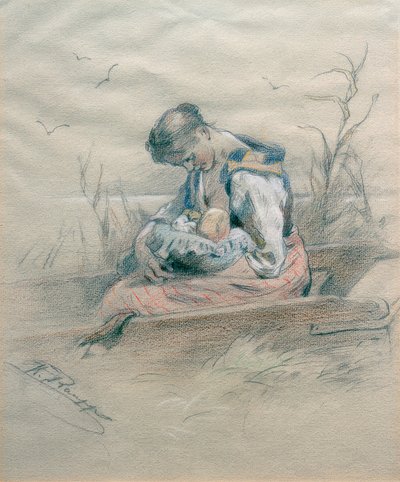 Femme allaitante dans une barque au bord du lac de Chiemsee - Karl Raupp