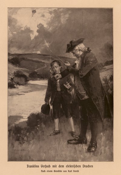 Benjamin Franklin à la recherche de la foudre (litho) - Karl Storch