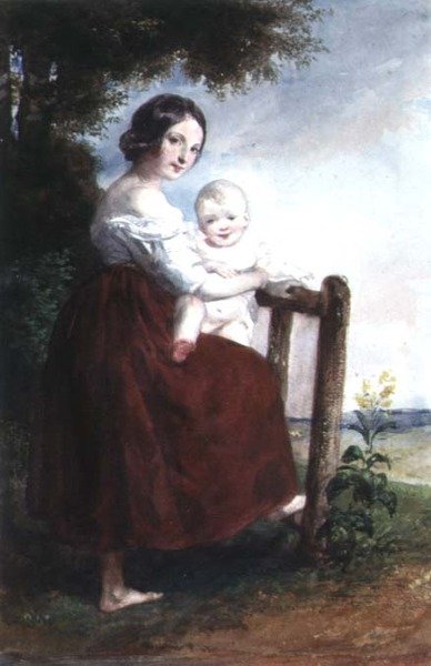 Fille tenant un bébé : fond de paysage - Karoly or Charles Brocky