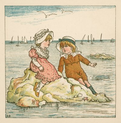 Garçon et fille échoués sur un rocher (lithographie en couleur) - Kate (after) Greenaway