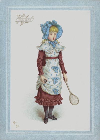 Fille en robe et bonnet, tenant un volant et une raquette - Kate (after) Greenaway