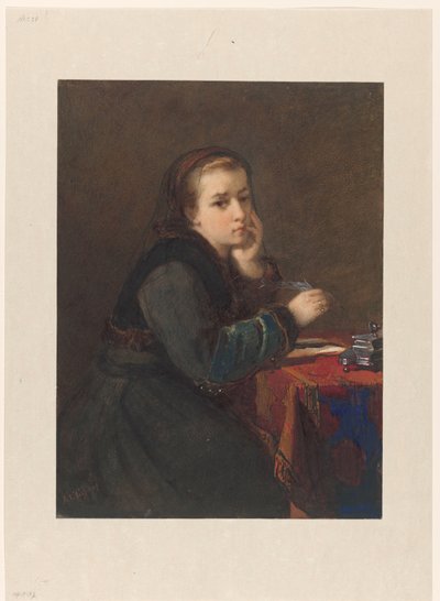 Fille, assise écrivant à une table - Kate Bisschop Swift