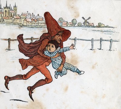 Un lutin emporte un petit enfant. Illustration de Kate Greenaway (1846-1901) du livre pour enfants "Under The Window" (1879), édité par Edmund Evans - Kate Greenaway