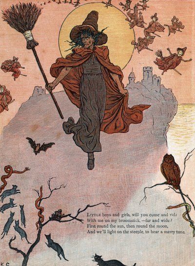 Une sorcière et son balai entourée de chats noirs, chauve-souris et hibou. (Petits garçons et filles, voulez-vous venir et monter avec moi sur mon balai ?) Illustration de Kate Greenaway (1846-1901) du livre de contes et comptines pour enfants "Under The W - Kate Greenaway